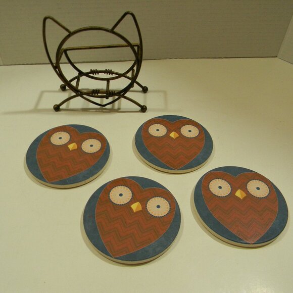 Owl Sand Stone Coasters with Holder Excellent Condition Set of 4 - Picture 3 of 5